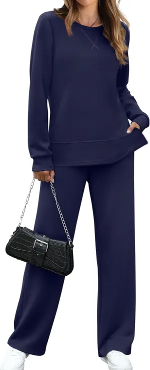 OFEEFAN Women's 2 Piece Lounge Set Travel Airport Outfits Side Slit Tracksuit Wide Leg Loungewear Baggy Comfy Sweatsuit S-3XL