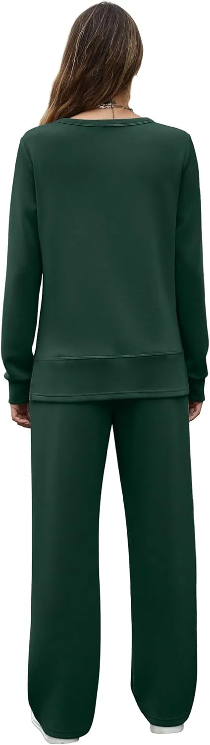 OFEEFAN Women's 2 Piece Lounge Set Travel Airport Outfits Side Slit Tracksuit Wide Leg Loungewear Baggy Comfy Sweatsuit S-3XL