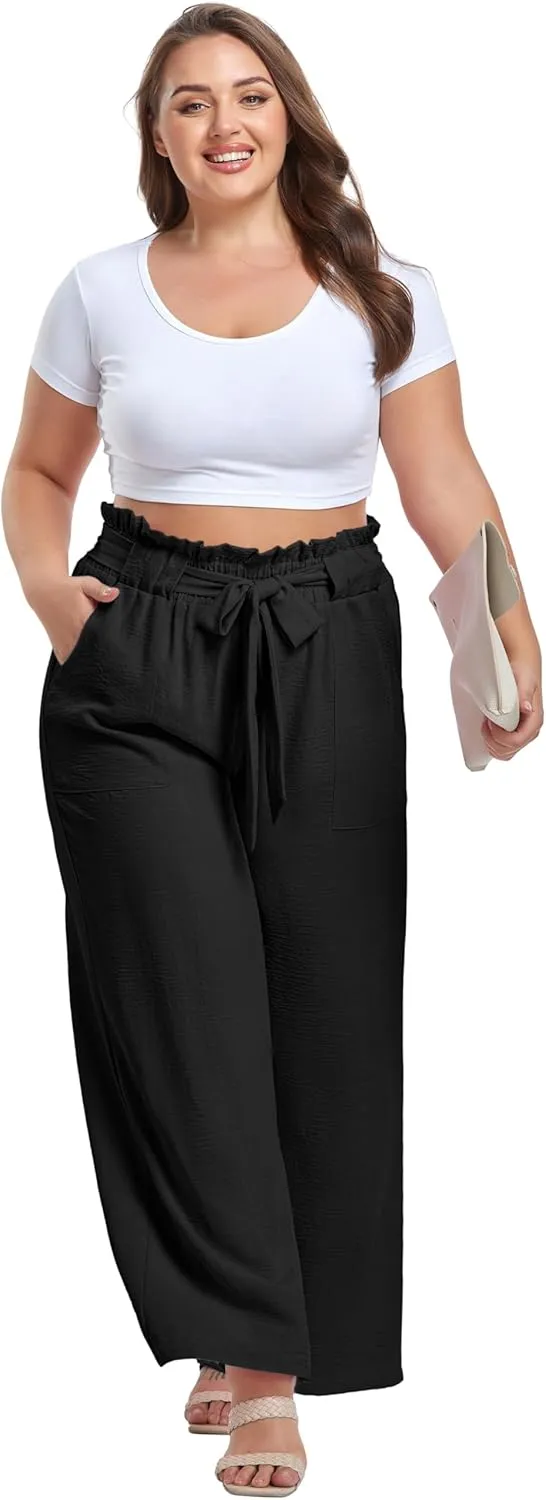 OLRIK Women's Casual Plus Size Pants High Waisted Self-tie Belted Lounge Pants Straight Long Trousers with Pockets