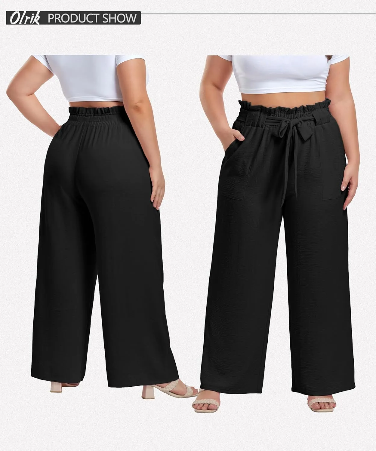 OLRIK Women's Casual Plus Size Pants High Waisted Self-tie Belted Lounge Pants Straight Long Trousers with Pockets