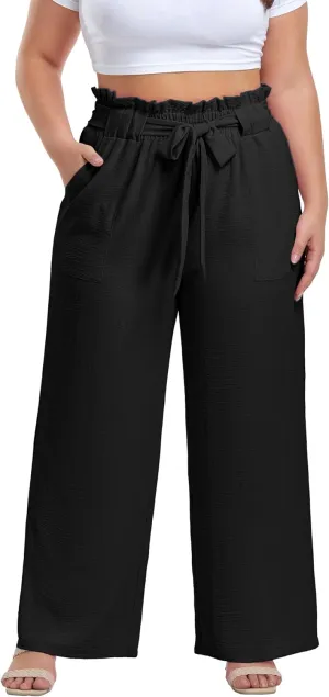 OLRIK Women's Casual Plus Size Pants High Waisted Self-tie Belted Lounge Pants Straight Long Trousers with Pockets