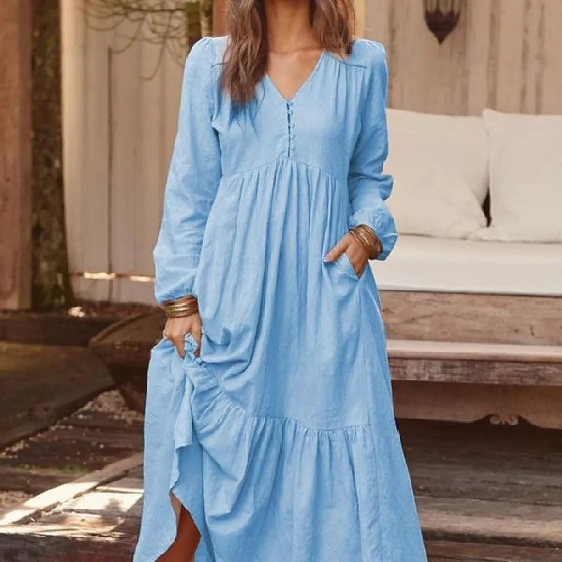 ONLYWOOD Womens V-Neck Summer Loose Sundress Solid Color Casual Long Sleeves Cotton Button Down Long Maxi Beach Basic Dresses