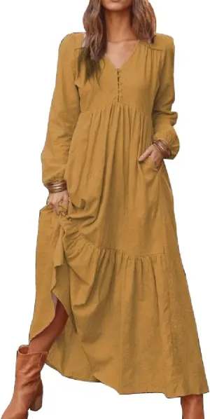 ONLYWOOD Womens V-Neck Summer Loose Sundress Solid Color Casual Long Sleeves Cotton Button Down Long Maxi Beach Basic Dresses