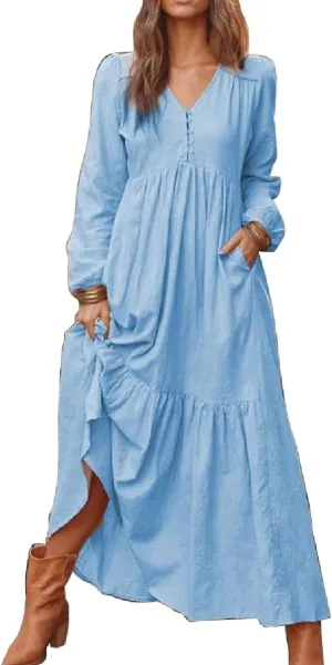 ONLYWOOD Womens V-Neck Summer Loose Sundress Solid Color Casual Long Sleeves Cotton Button Down Long Maxi Beach Basic Dresses
