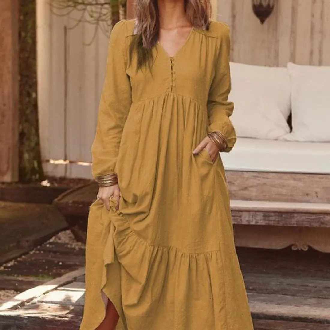 ONLYWOOD Womens V-Neck Summer Loose Sundress Solid Color Casual Long Sleeves Cotton Button Down Long Maxi Beach Basic Dresses