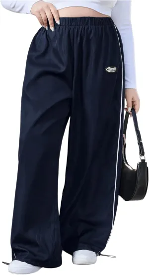 OYOANGLE Women's Plus Size Side Striped Elastic High Waist Pants Wide Leg Trousers Streetwear