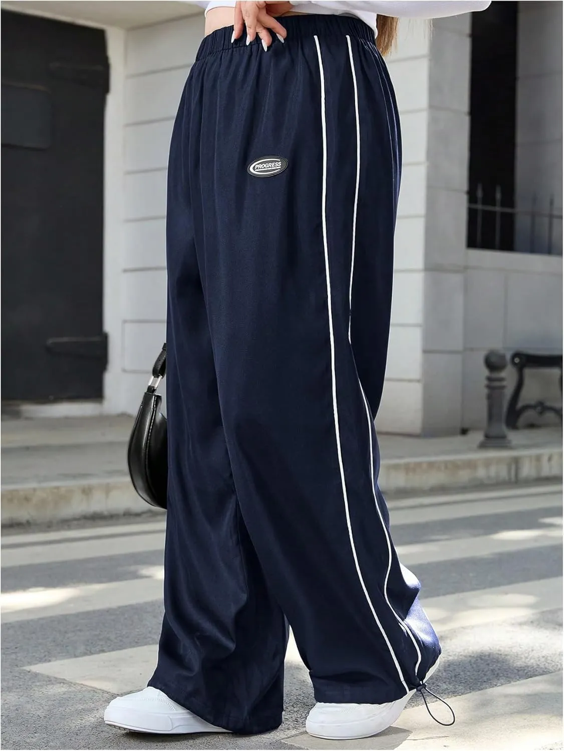 OYOANGLE Women's Plus Size Side Striped Elastic High Waist Pants Wide Leg Trousers Streetwear