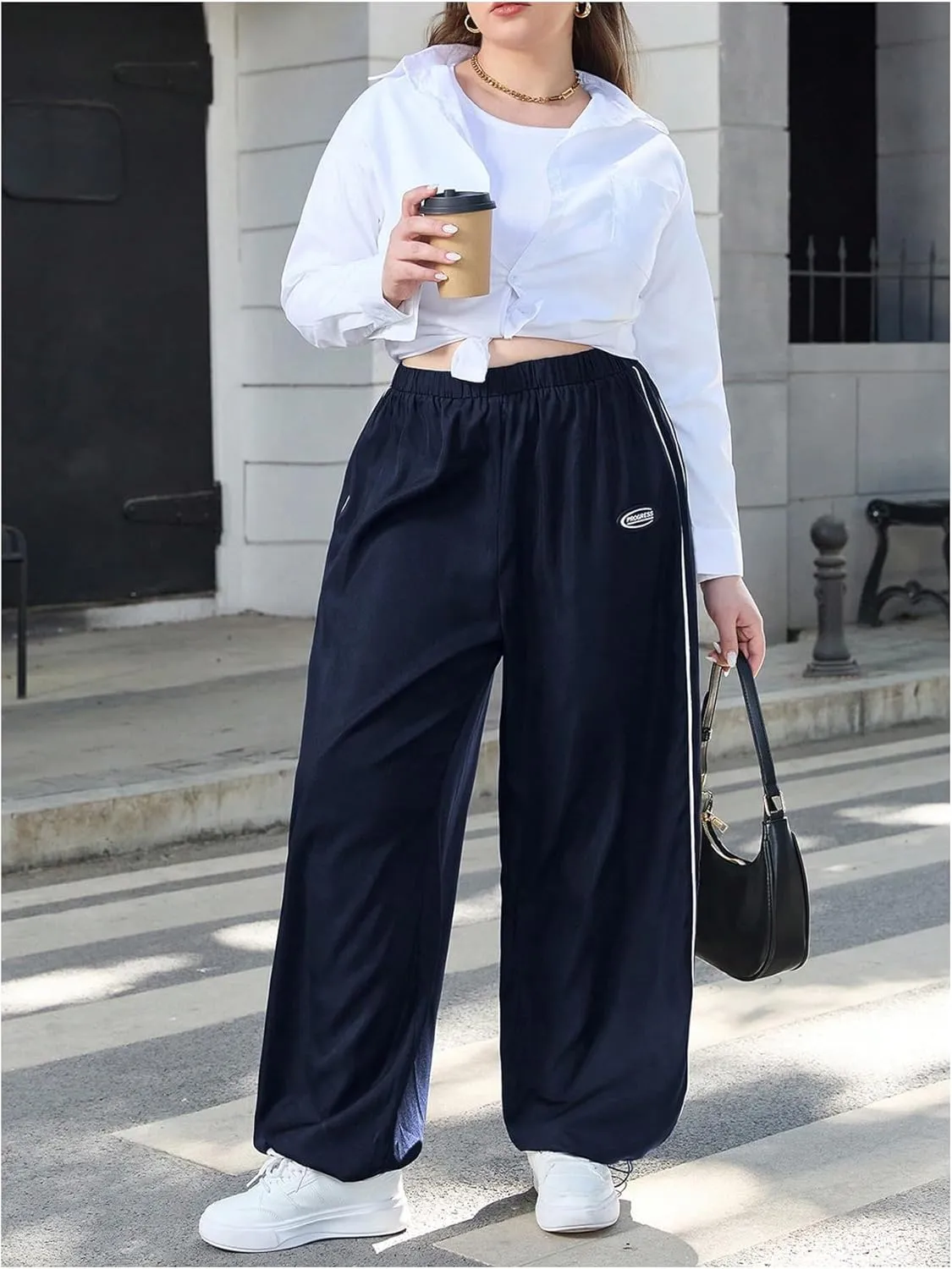 OYOANGLE Women's Plus Size Side Striped Elastic High Waist Pants Wide Leg Trousers Streetwear