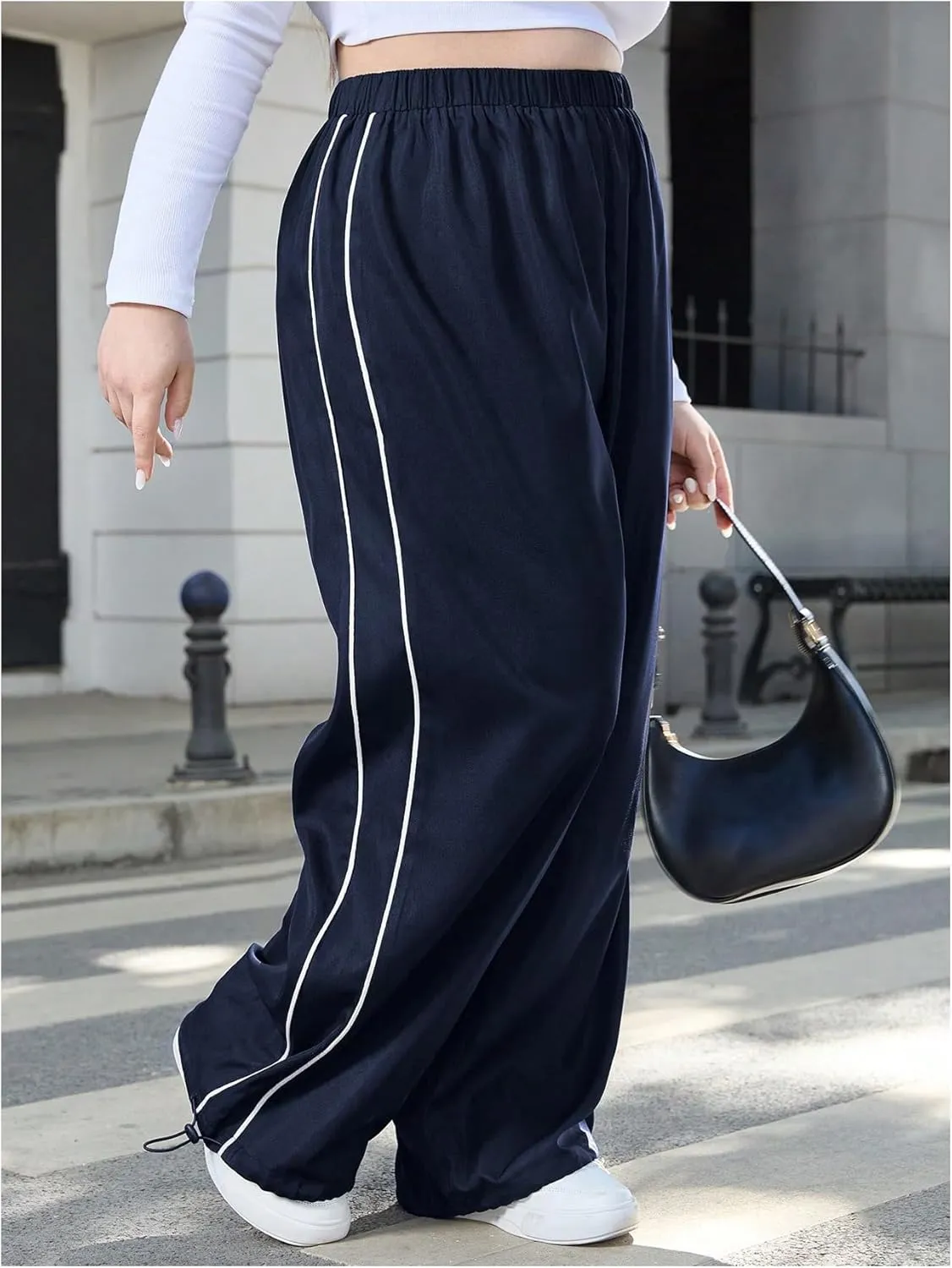 OYOANGLE Women's Plus Size Side Striped Elastic High Waist Pants Wide Leg Trousers Streetwear