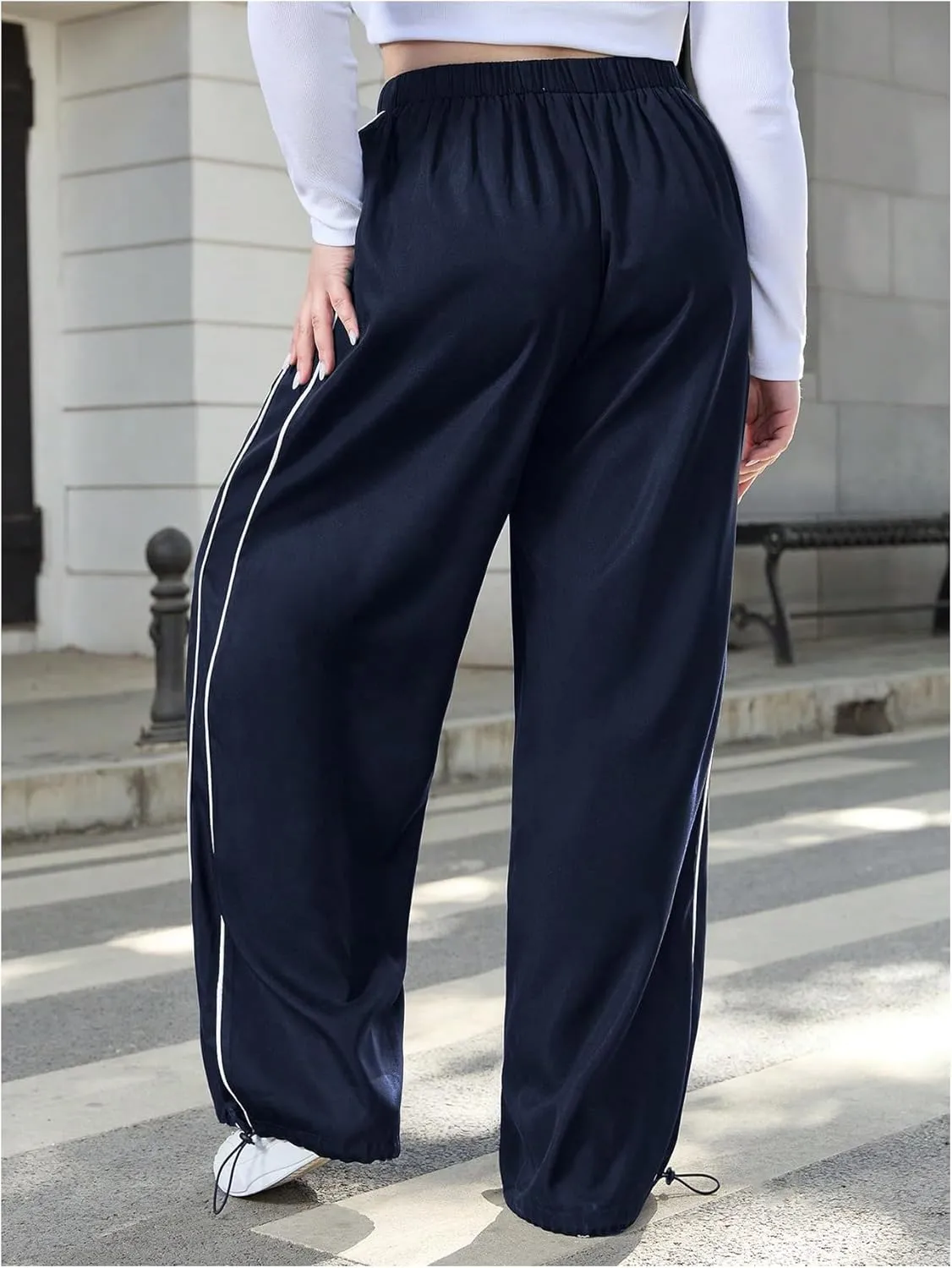OYOANGLE Women's Plus Size Side Striped Elastic High Waist Pants Wide Leg Trousers Streetwear
