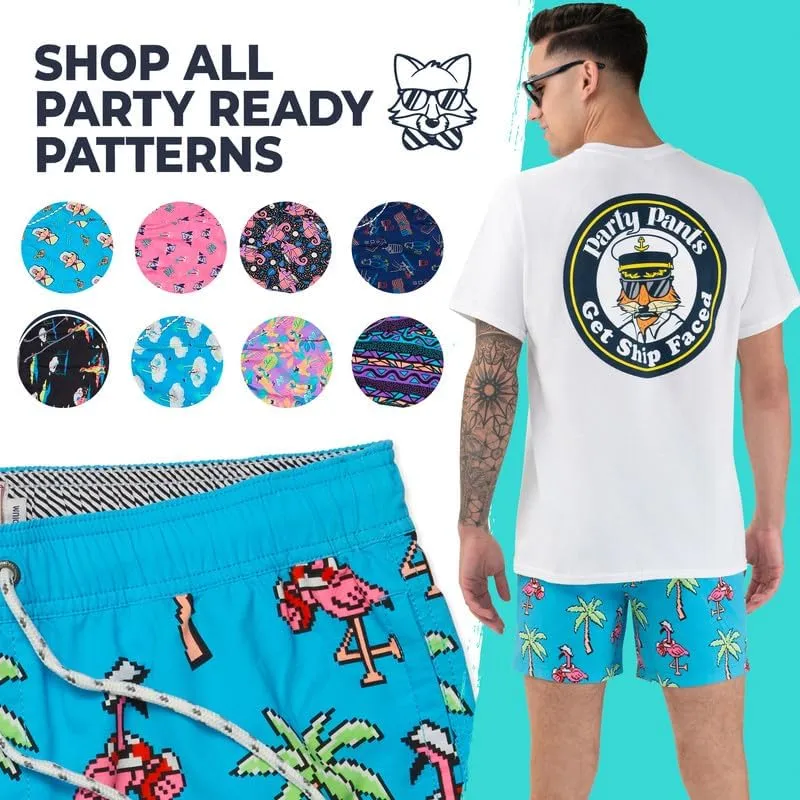 Party Pants USA Mens Swim Trunks, Characters, Stretch Swimming Board Shorts, 5.5 Inseam