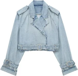Perbai Womens Cropped Trench Coat Lapel Double Breasted Short Denim Peacoat Trucker Jacket with Belt