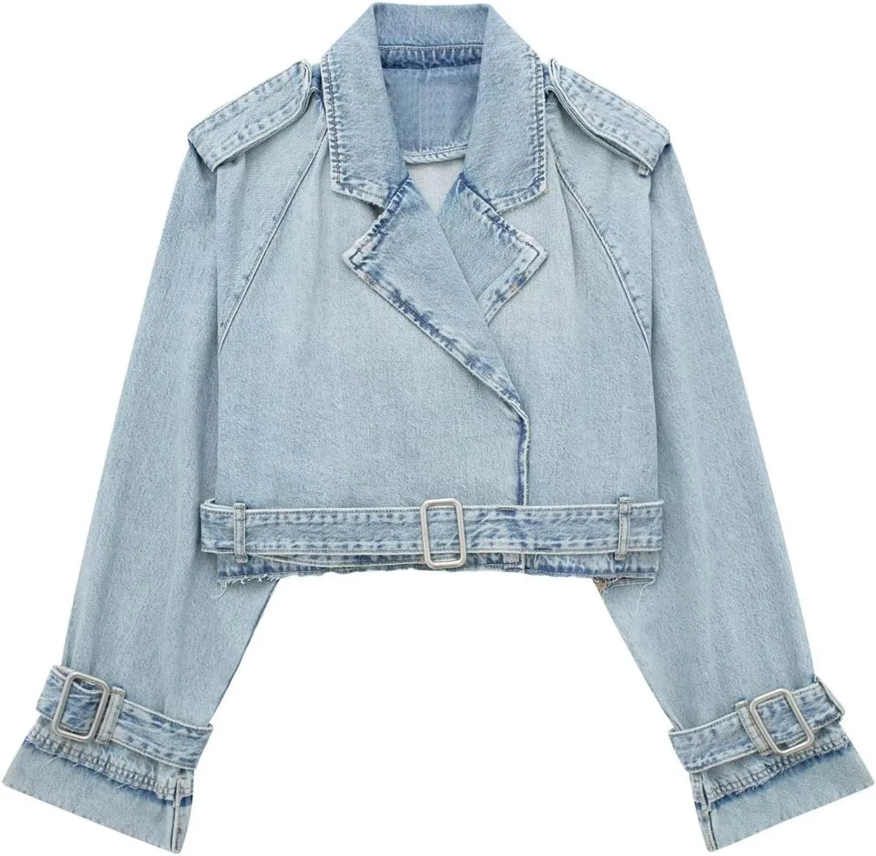 Perbai Womens Cropped Trench Coat Lapel Double Breasted Short Denim Peacoat Trucker Jacket with Belt