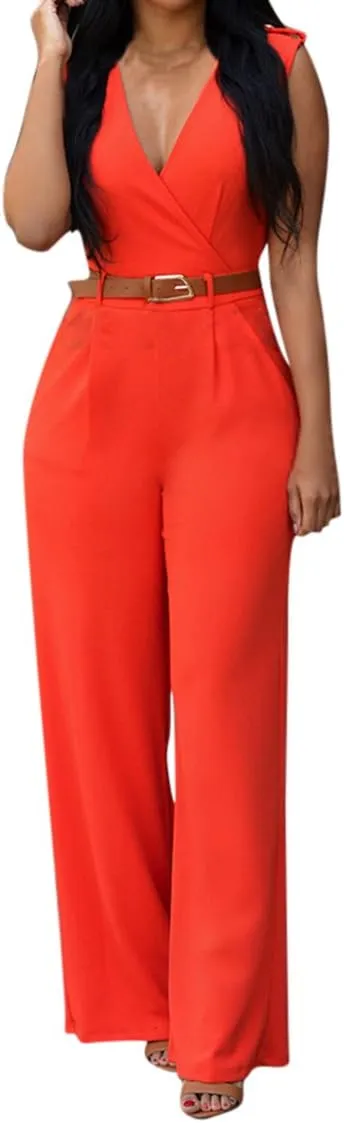 Pink Queen Jumpsuits for Women Dressy V Neck Sleeveless Wide Leg Long Pants Rompers