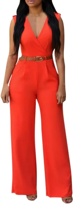 Pink Queen Jumpsuits for Women Dressy V Neck Sleeveless Wide Leg Long Pants Rompers