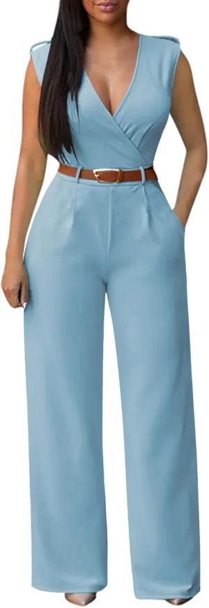 Pink Queen Jumpsuits for Women Dressy V Neck Sleeveless Wide Leg Long Pants Rompers