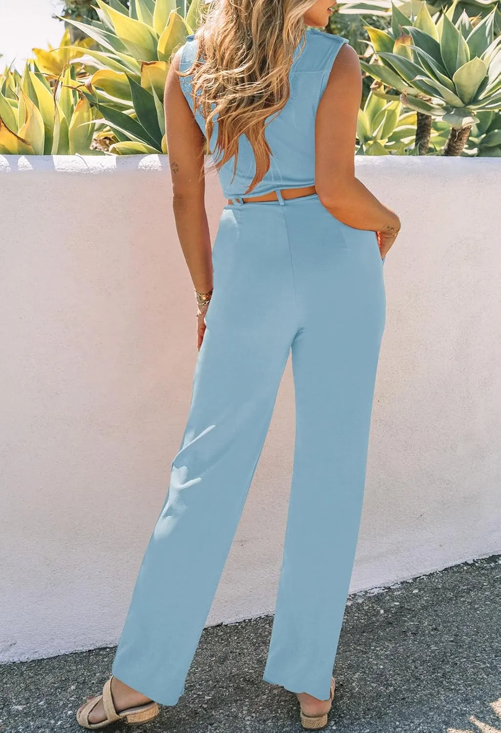 Pink Queen Jumpsuits for Women Dressy V Neck Sleeveless Wide Leg Long Pants Rompers