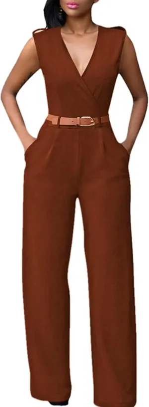 Pink Queen Jumpsuits for Women Dressy V Neck Sleeveless Wide Leg Long Pants Rompers