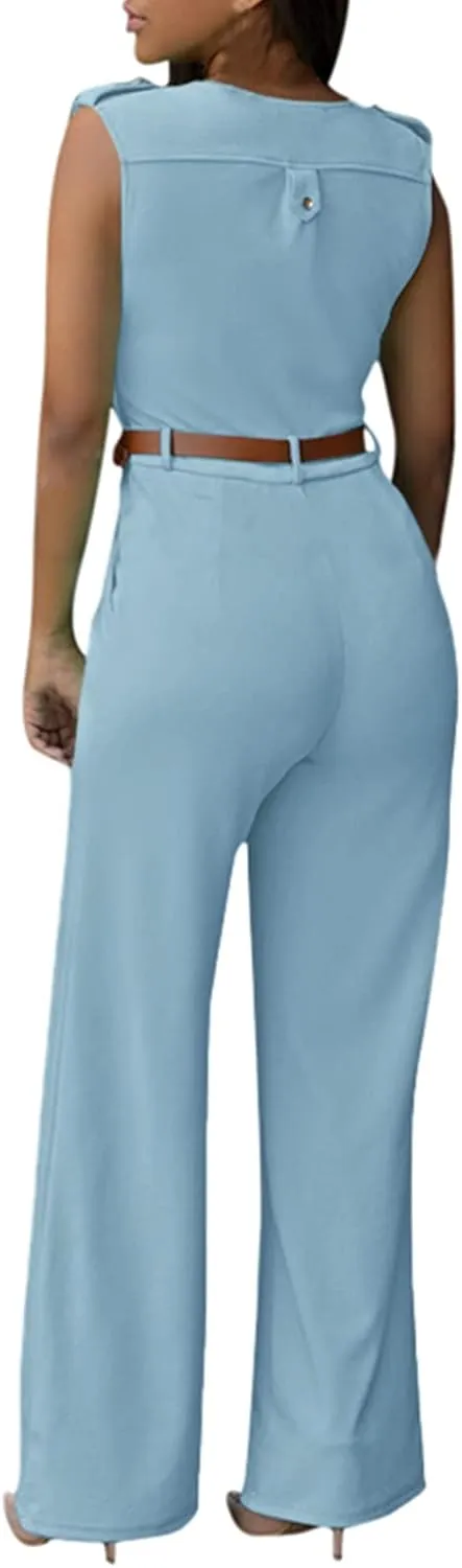 Pink Queen Jumpsuits for Women Dressy V Neck Sleeveless Wide Leg Long Pants Rompers