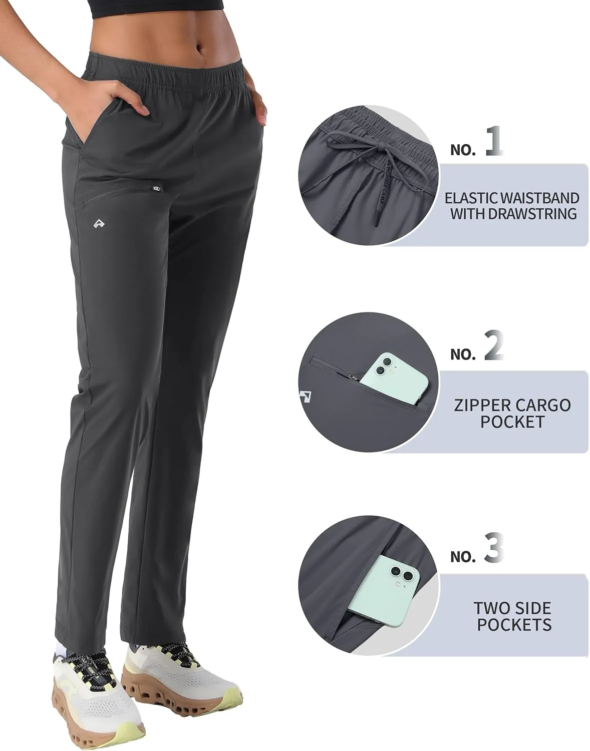 Pioneer Camp Women's Hiking Pants UPF 50  Elastic Waist Drawstring Ultra-Stretch Lightweight Outdoor Cargo Pants for Travel