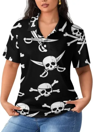 Pirate Pattern Women's Polo Shirts Summer Golf Polo T Shirts 3 Buttons Short Sleeve Tops