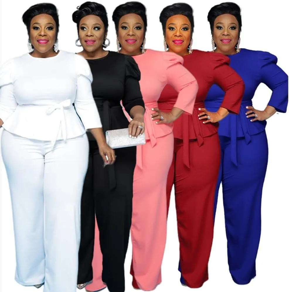 Plus Size 2 Piece Wide Leg Pants Set for Women Casual Long Sleeve Shirt Long Pant Sets Sexy With Belt