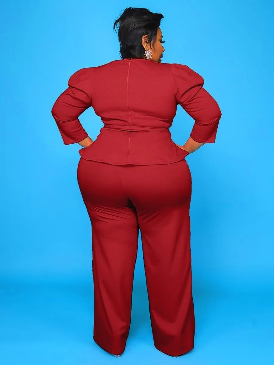 Plus Size 2 Piece Wide Leg Pants Set for Women Casual Long Sleeve Shirt Long Pant Sets Sexy With Belt