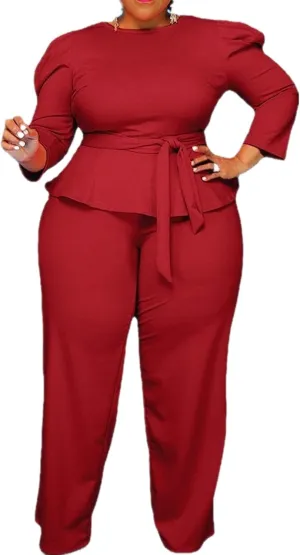 Plus Size 2 Piece Wide Leg Pants Set for Women Casual Long Sleeve Shirt Long Pant Sets Sexy With Belt