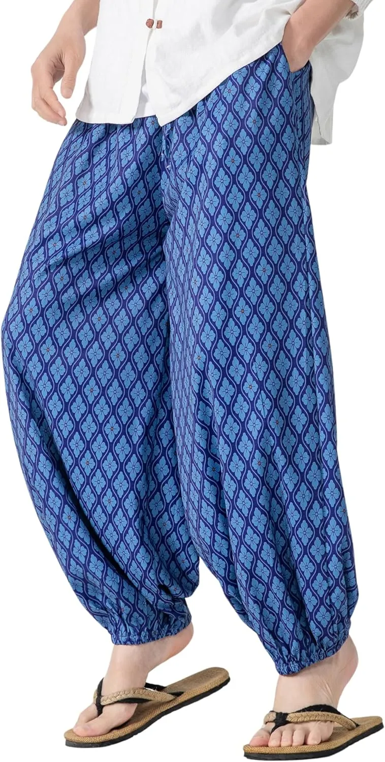 PRIJOUHE Men's Casual Harem Pants Elastic Waist Yoga Pants Lightweight Wide Leg Printed Summer Beach Trouser