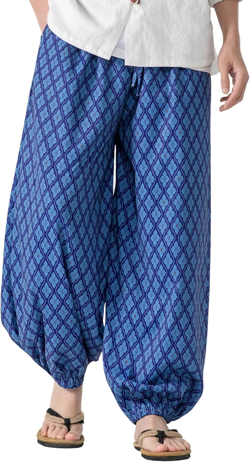 PRIJOUHE Men's Casual Harem Pants Elastic Waist Yoga Pants Lightweight Wide Leg Printed Summer Beach Trouser