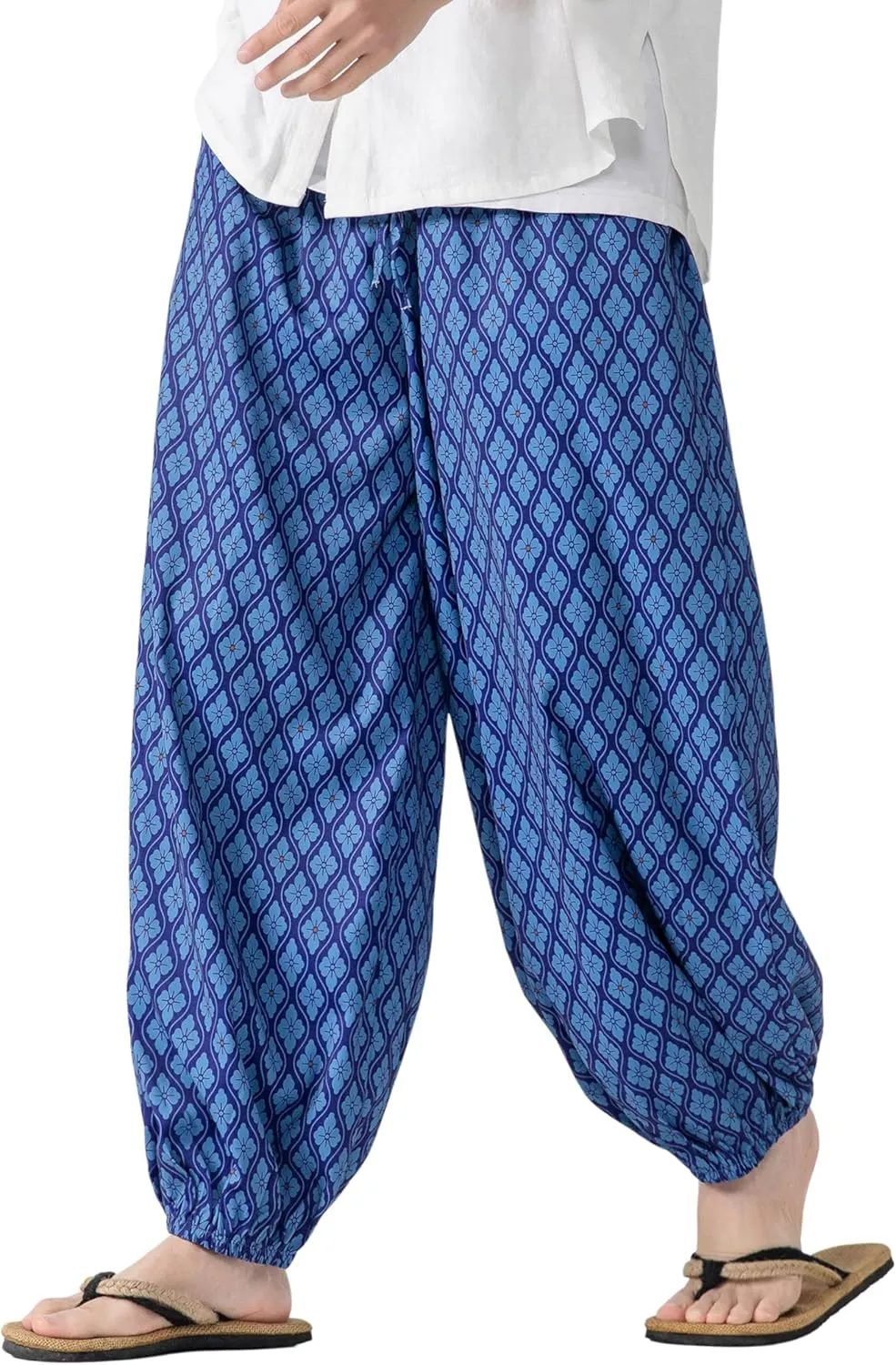 PRIJOUHE Men's Casual Harem Pants Elastic Waist Yoga Pants Lightweight Wide Leg Printed Summer Beach Trouser
