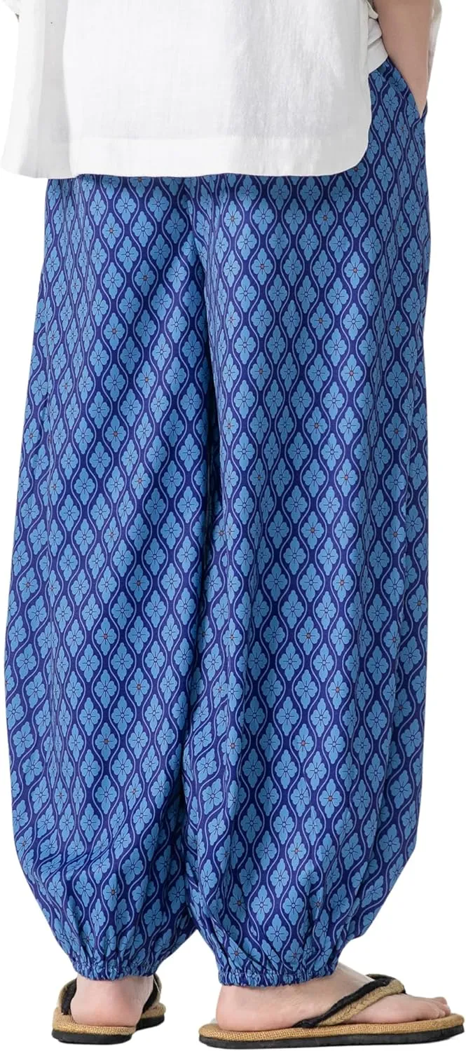 PRIJOUHE Men's Casual Harem Pants Elastic Waist Yoga Pants Lightweight Wide Leg Printed Summer Beach Trouser
