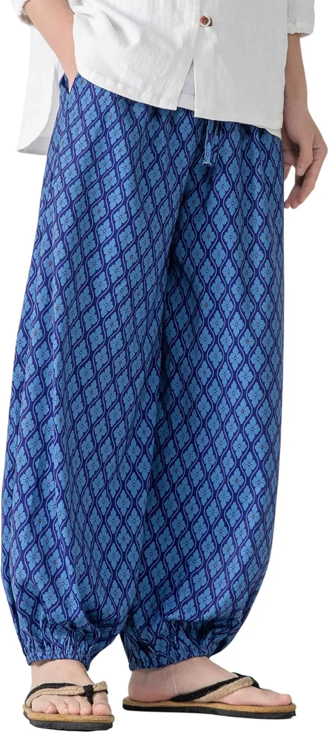 PRIJOUHE Men's Casual Harem Pants Elastic Waist Yoga Pants Lightweight Wide Leg Printed Summer Beach Trouser