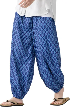 PRIJOUHE Men's Casual Harem Pants Elastic Waist Yoga Pants Lightweight Wide Leg Printed Summer Beach Trouser