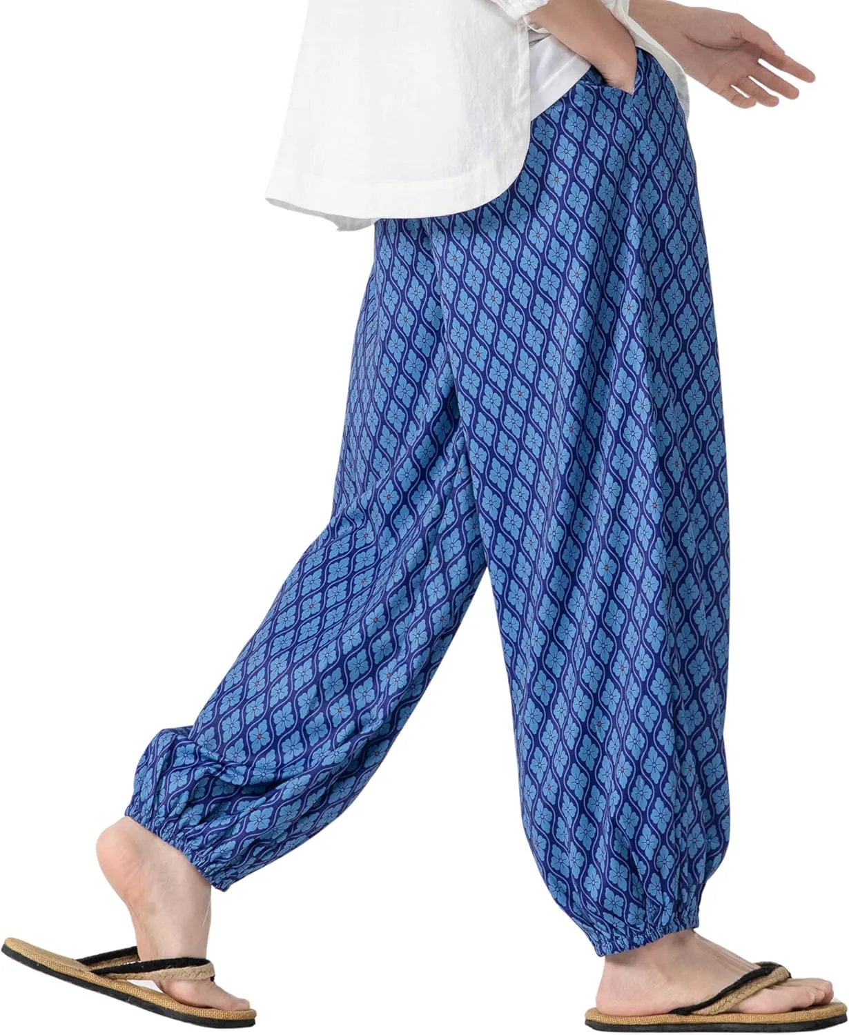 PRIJOUHE Men's Casual Harem Pants Elastic Waist Yoga Pants Lightweight Wide Leg Printed Summer Beach Trouser