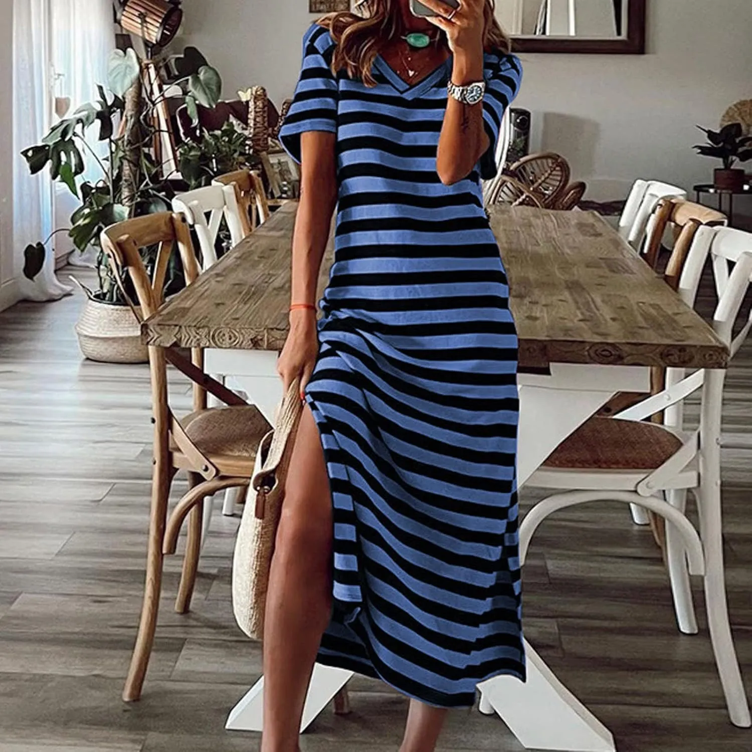 PTOLOCIF Summer Dress for Womens Fashion Short Sleeve Maxi Dress Casual Striped T Shirt Dress Long Color Block Maxi Dress