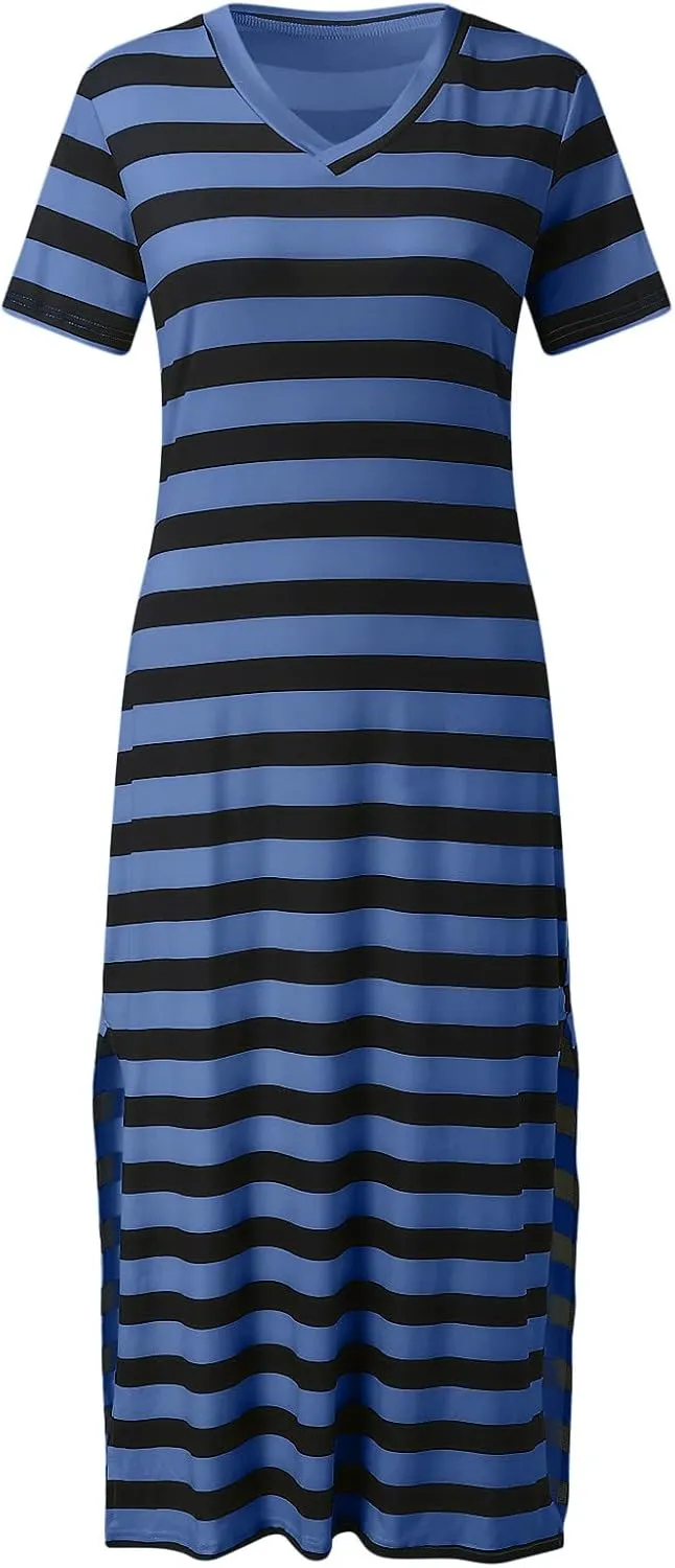 PTOLOCIF Summer Dress for Womens Fashion Short Sleeve Maxi Dress Casual Striped T Shirt Dress Long Color Block Maxi Dress