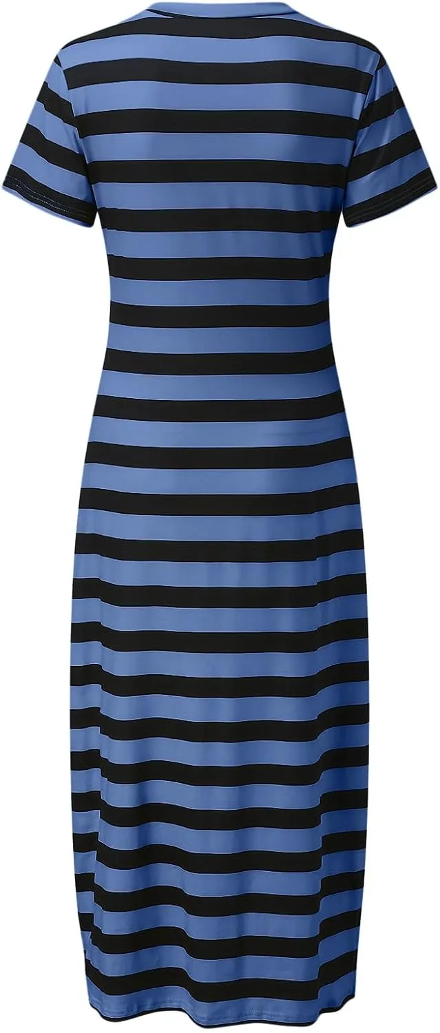 PTOLOCIF Summer Dress for Womens Fashion Short Sleeve Maxi Dress Casual Striped T Shirt Dress Long Color Block Maxi Dress