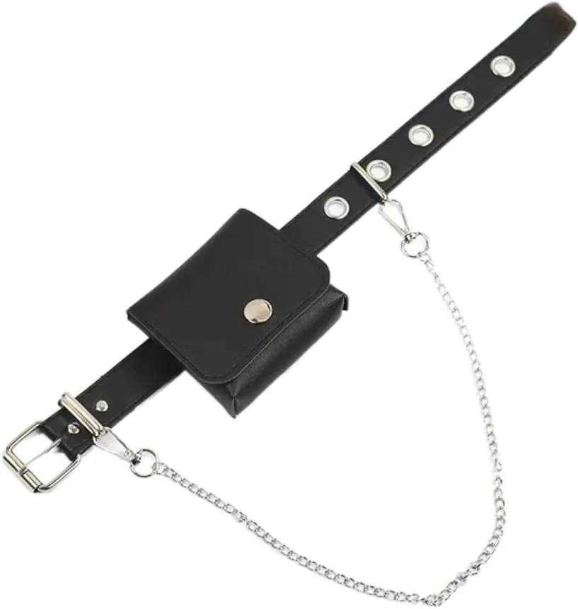 Punk Waist Bag Belt Chain for Women Mini Gothic Bag Fanny Pack Travel Black Leather Waist Purse Girls Party Cosplay (Black,Small)