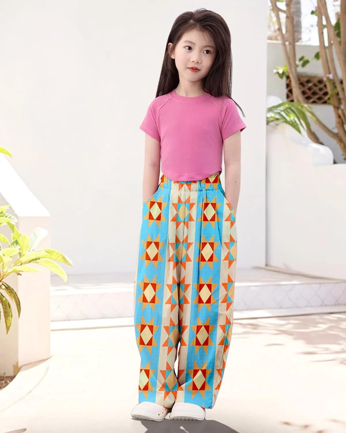 Rolanko Girls Wide Leg Pants Flowy Loose Fit Palazzo Pants for Girls Kids Linen Trousers Casual Beach 6-14Y