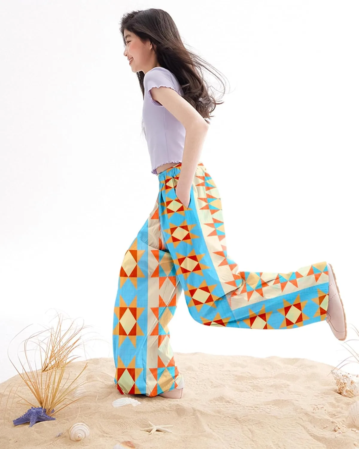 Rolanko Girls Wide Leg Pants Flowy Loose Fit Palazzo Pants for Girls Kids Linen Trousers Casual Beach 6-14Y