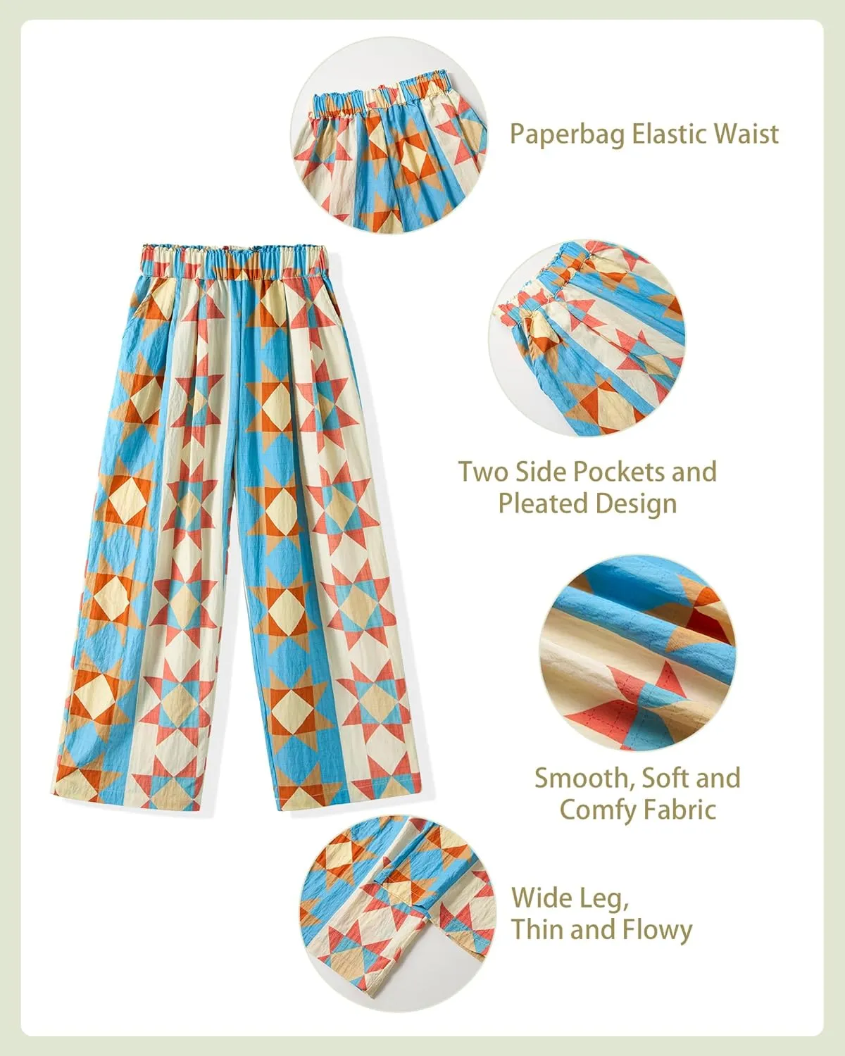Rolanko Girls Wide Leg Pants Flowy Loose Fit Palazzo Pants for Girls Kids Linen Trousers Casual Beach 6-14Y