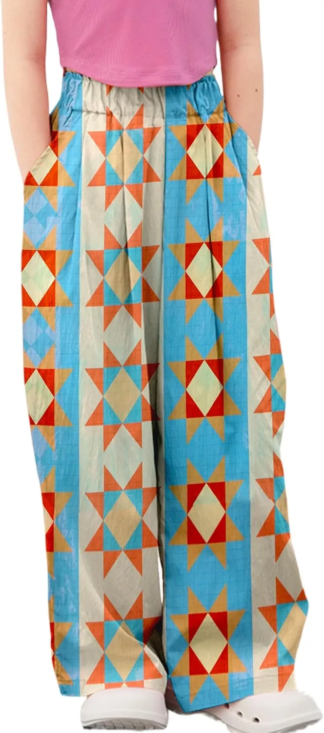 Rolanko Girls Wide Leg Pants Flowy Loose Fit Palazzo Pants for Girls Kids Linen Trousers Casual Beach 6-14Y
