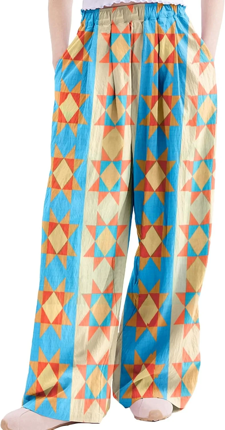 Rolanko Girls Wide Leg Pants Flowy Loose Fit Palazzo Pants for Girls Kids Linen Trousers Casual Beach 6-14Y
