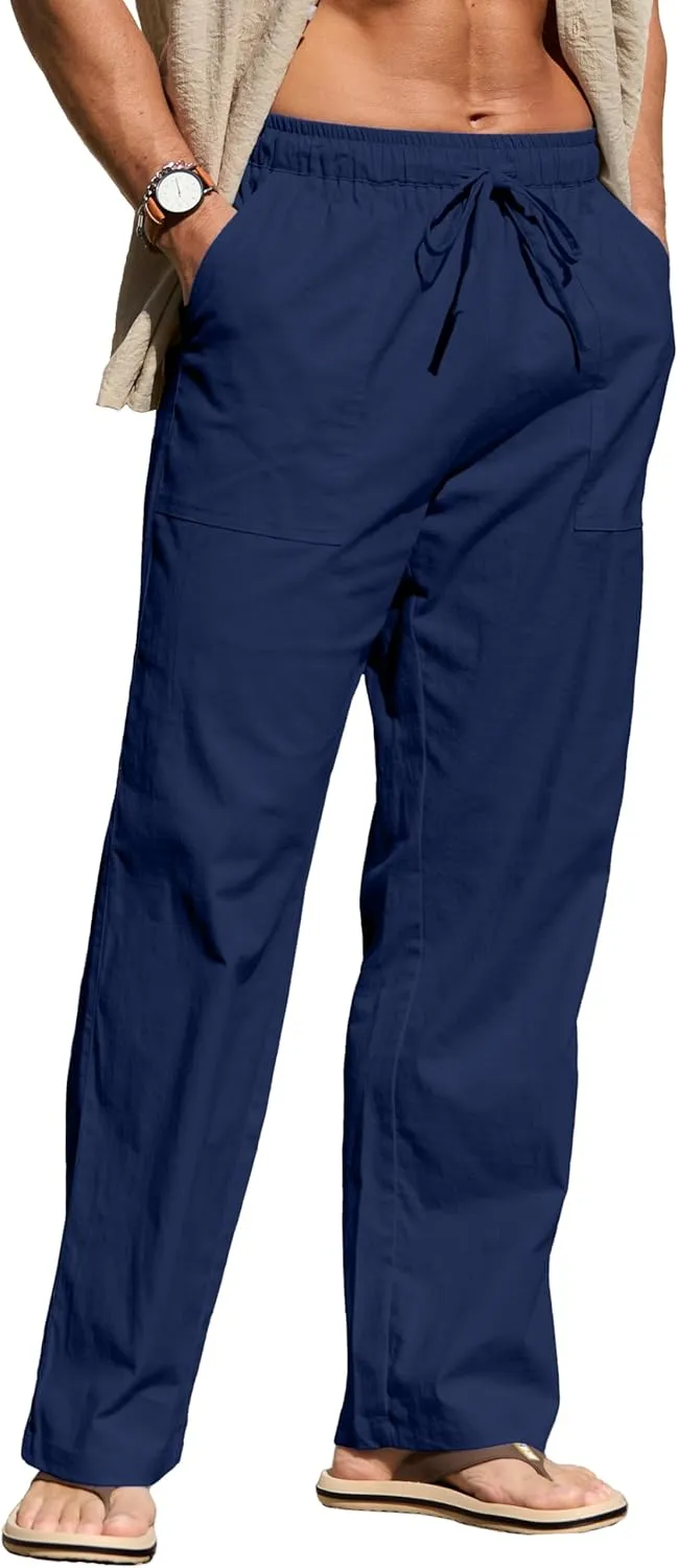 Sailwind Men's Casual Linen Pants Beach Summer Elastic Waist Drawstring Pants Lightweight Linen Trousers