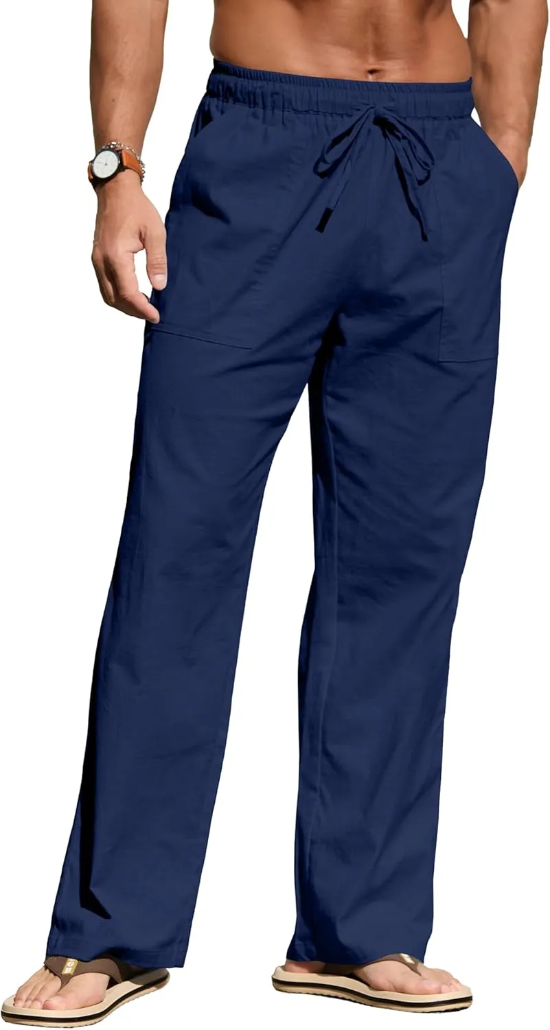 Sailwind Men's Casual Linen Pants Beach Summer Elastic Waist Drawstring Pants Lightweight Linen Trousers