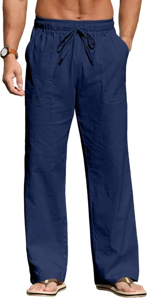 Sailwind Men's Casual Linen Pants Beach Summer Elastic Waist Drawstring Pants Lightweight Linen Trousers