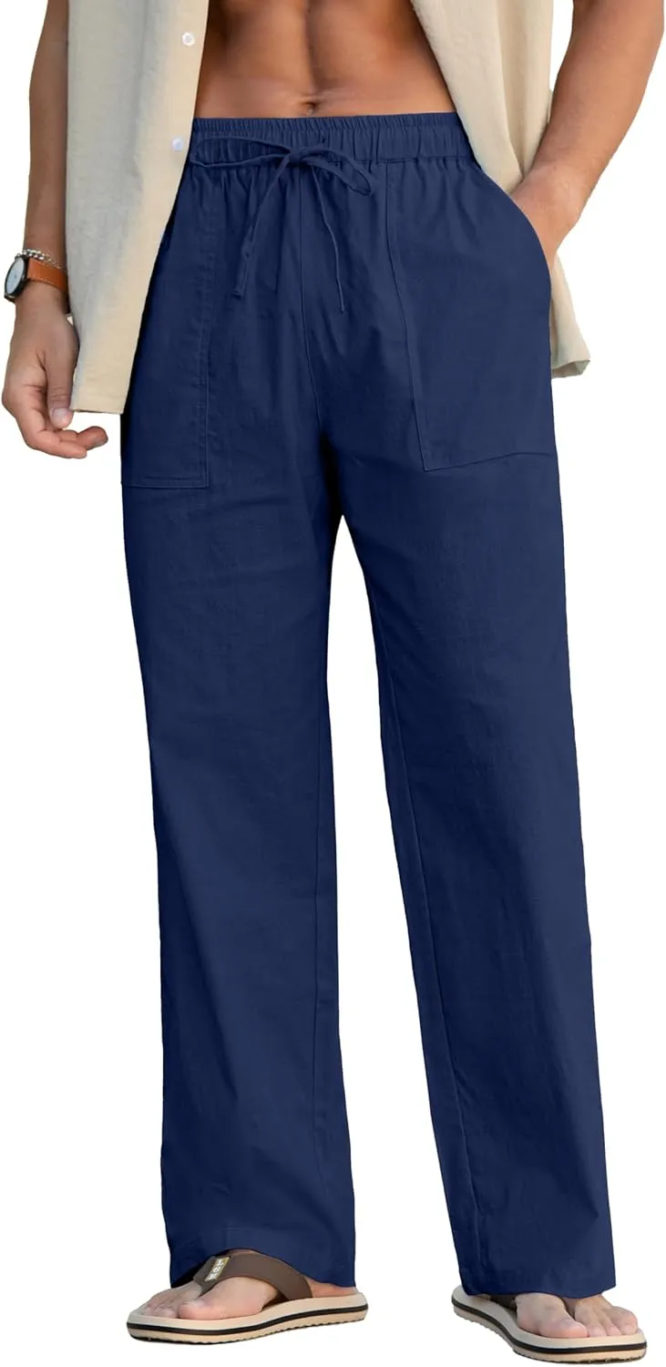 Sailwind Men's Casual Linen Pants Beach Summer Elastic Waist Drawstring Pants Lightweight Linen Trousers