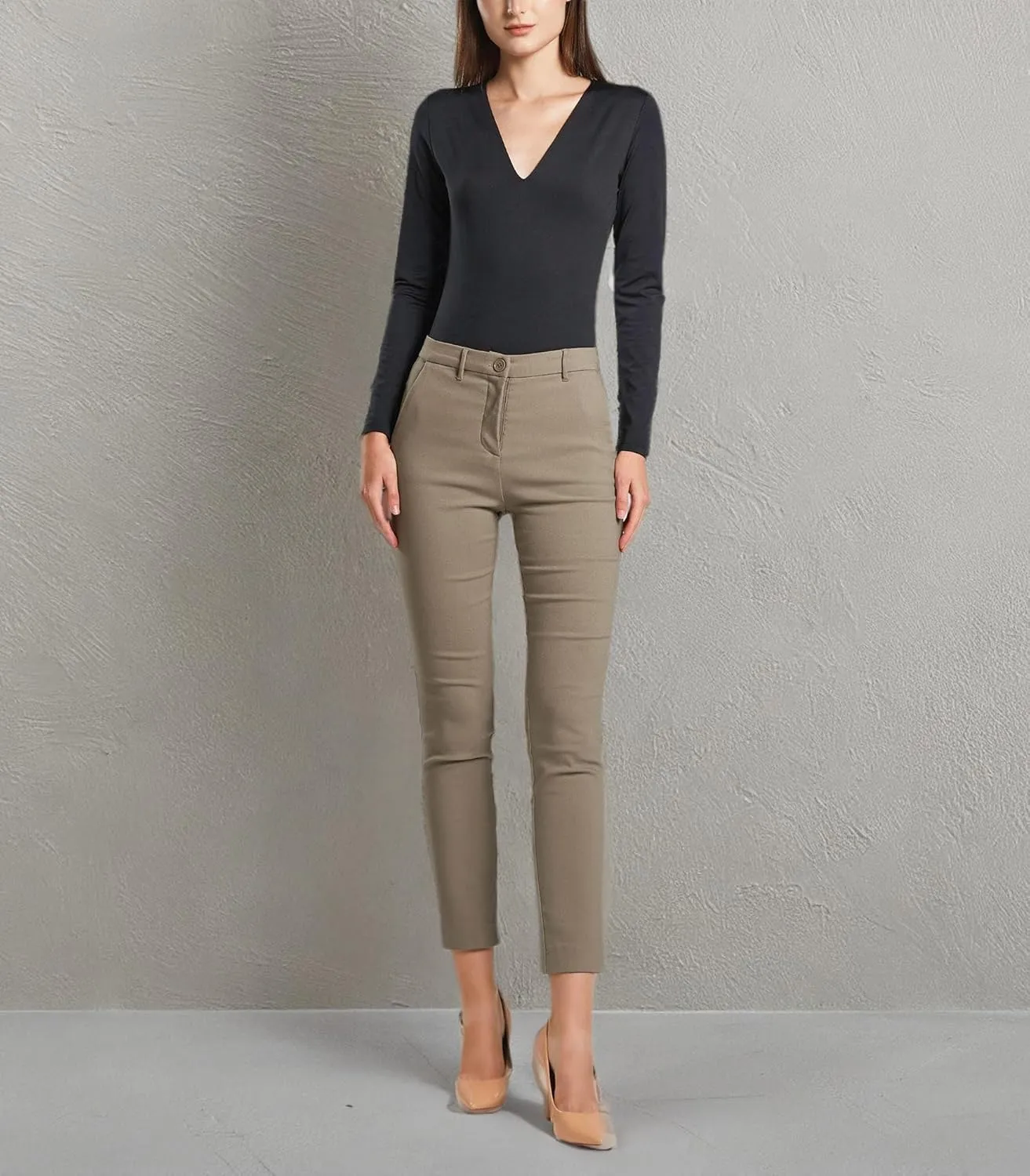 SANDY & SID Cropped Pants for Women Petite Small Size Mid Waist Slim Fit Work Pants Stretch Trousers Slack Casual Office Wear
