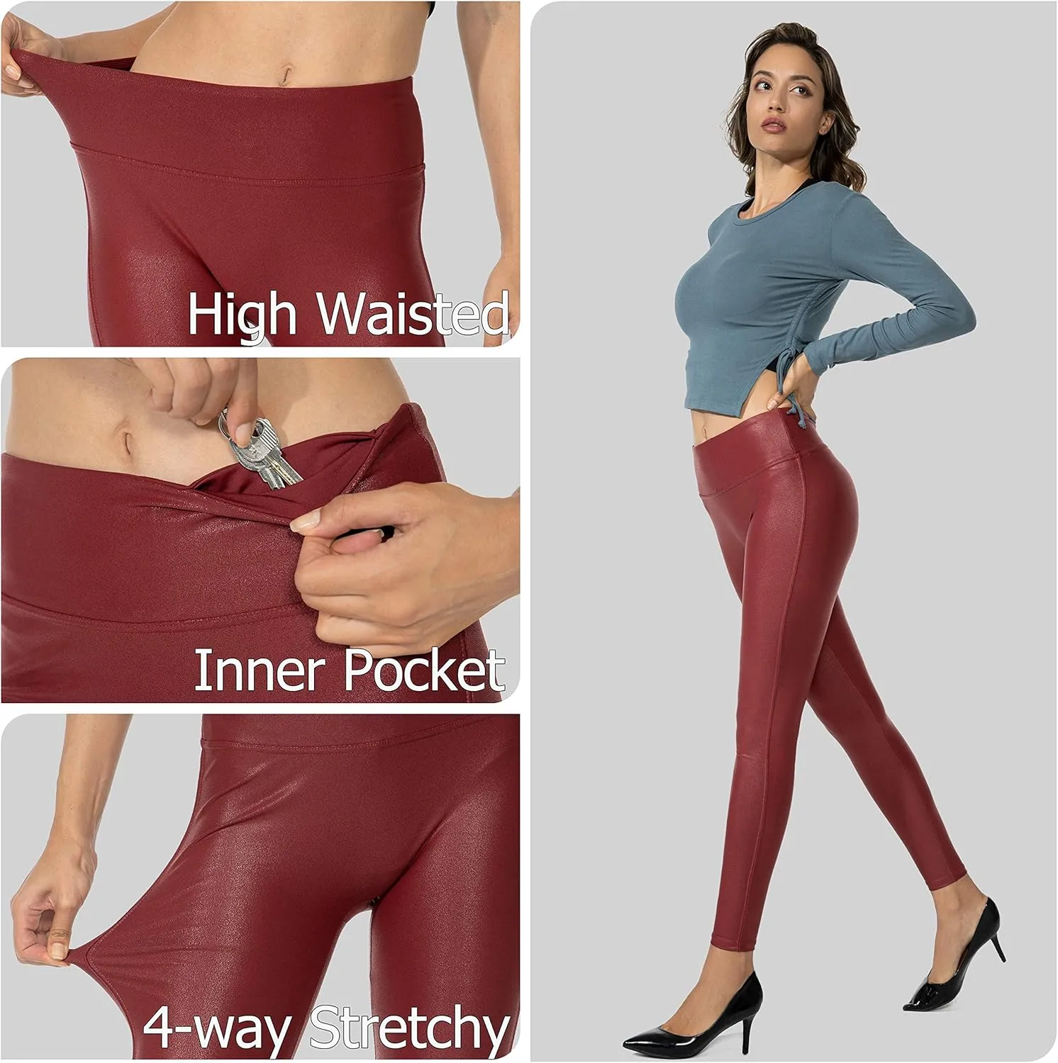 SANTINY Women's Faux Leather Leggings Pants Stretch High Waisted Tights for Women